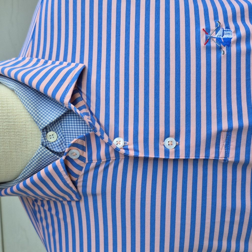 DRADDY Sport Pink Blue Striped Polyester Blend Embroidered XL Mens Golf Polo Shi